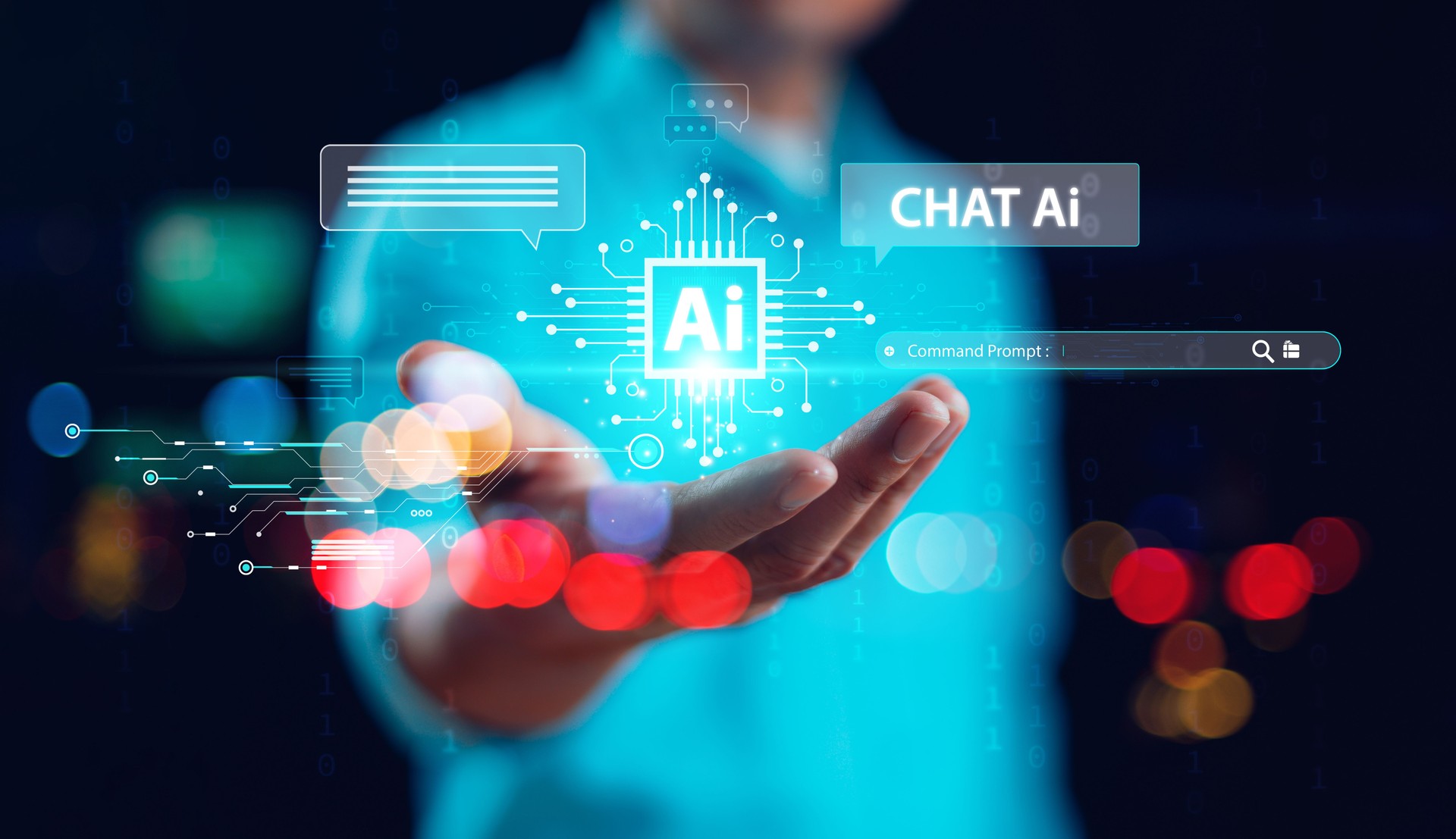 Ai business tech concept. Businessman, developer show virtual graphic global internet connect chat with robot AI, Artificial Intelligence service. Command prompt open generate futuristic technology