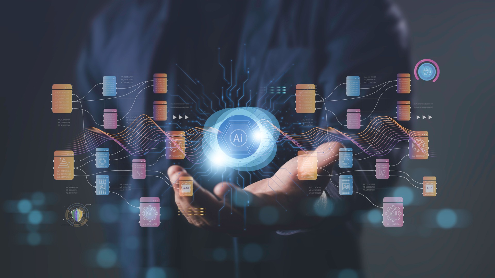 Artificial intelligence and automation system for data analytics, showing AI network connections, big data processing, and predictive technology in business solutions.